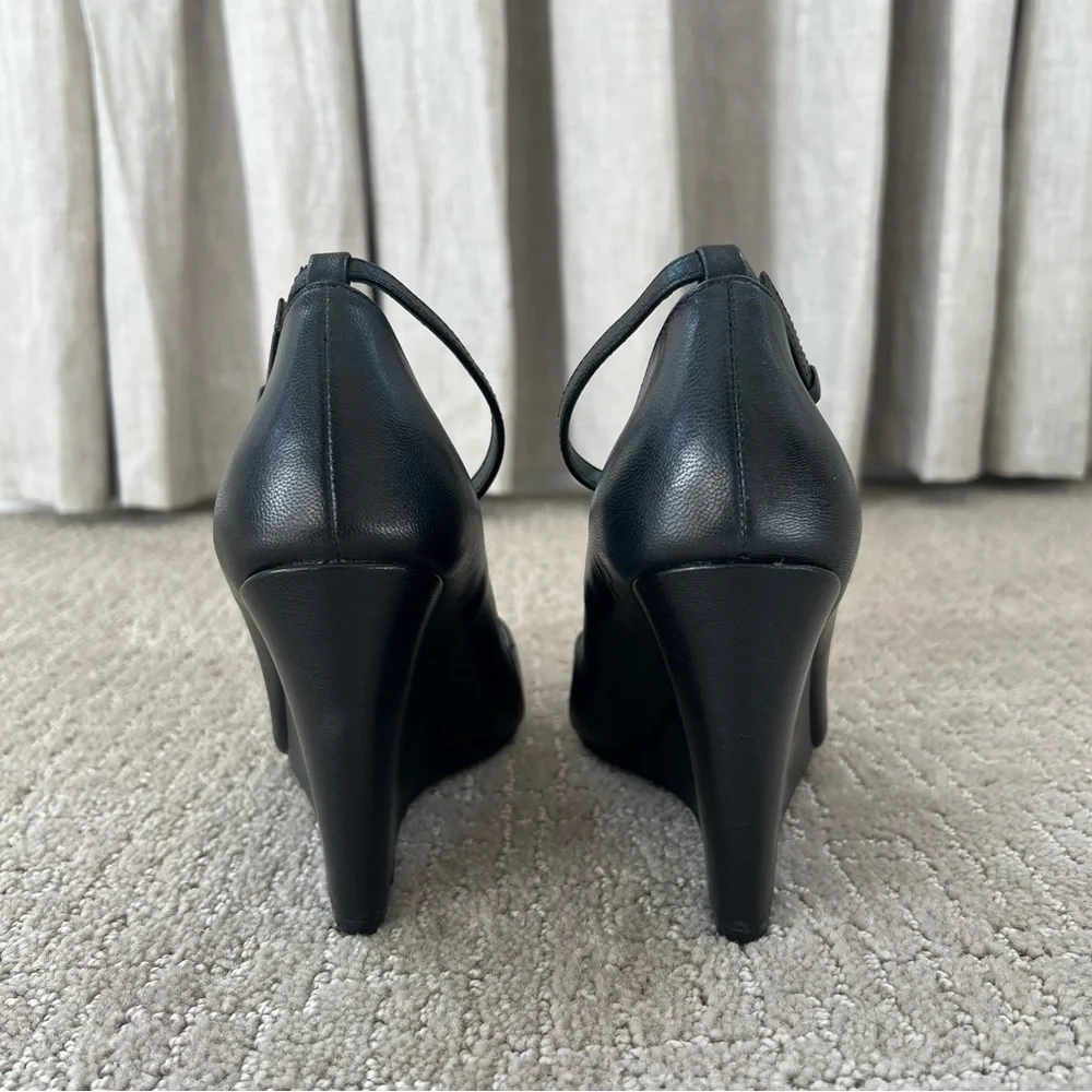 Nine West Eviee Black Leather Wedge Pumps